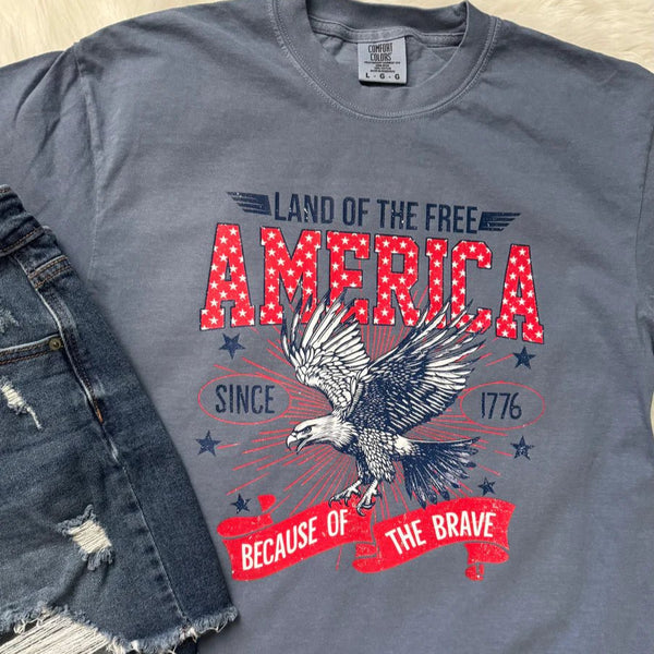 America Since 1776 T-shirt | Land of The Free Graphic Tee | Comfort Colors Blue Jean - The Stenciled Barn