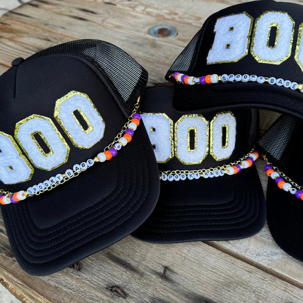 Boo Trucker Hat | Black Halloween Cap with Beaded Chain | Halloween Accessories - The Stenciled Barn