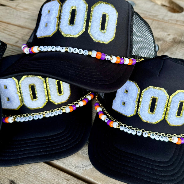 Boo Trucker Hat | Black Halloween Cap with Beaded Chain | Halloween Accessories - The Stenciled Barn
