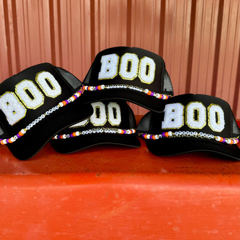 Boo Trucker Hat | Black Halloween Cap with Beaded Chain | Halloween Accessories - The Stenciled Barn