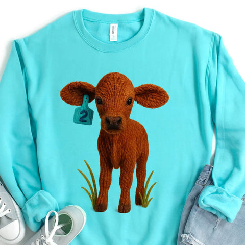 Light blue sweatshirt with a brown brangus calf graphic on a white background