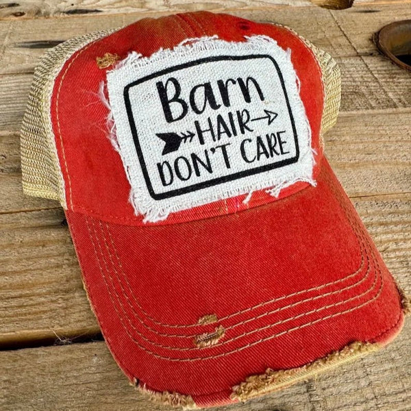 Barn Hair Don’t Care Hat | Vintage Red Distressed Patch Trucker Cap | Rustic Farmhouse Style - The Stenciled Barn