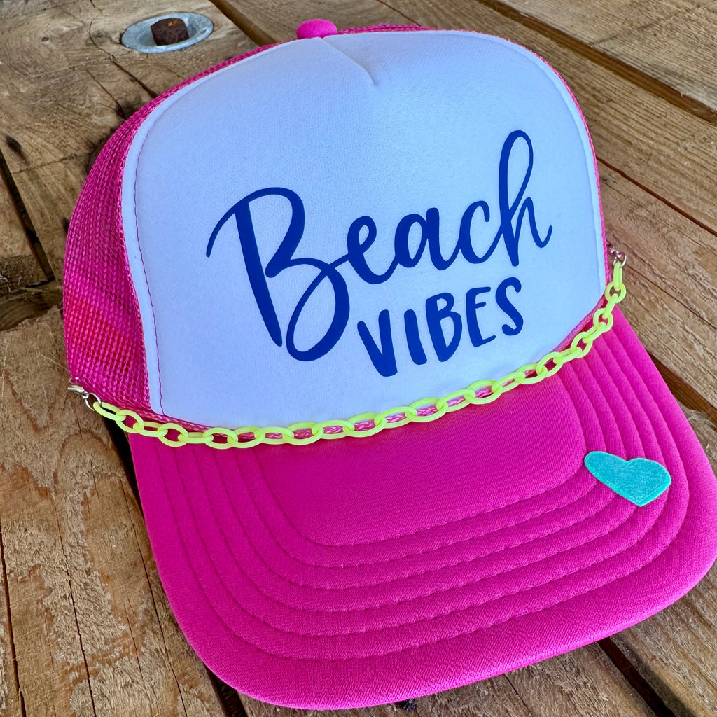 Beach Vibes Trucker Hat | Retro Pink & White Summer Cap with Patch & Detachable Chain - The Stenciled Barn