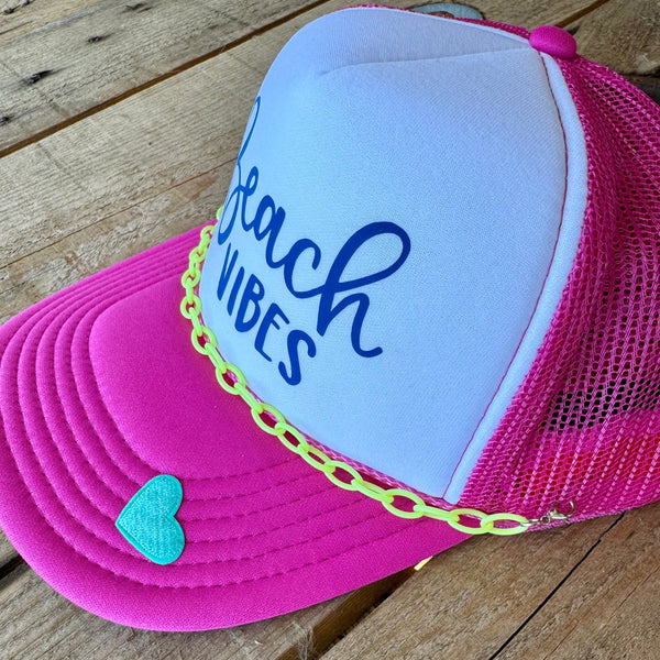 Beach Vibes Trucker Hat | Retro Pink & White Summer Cap with Patch & Detachable Chain - The Stenciled Barn