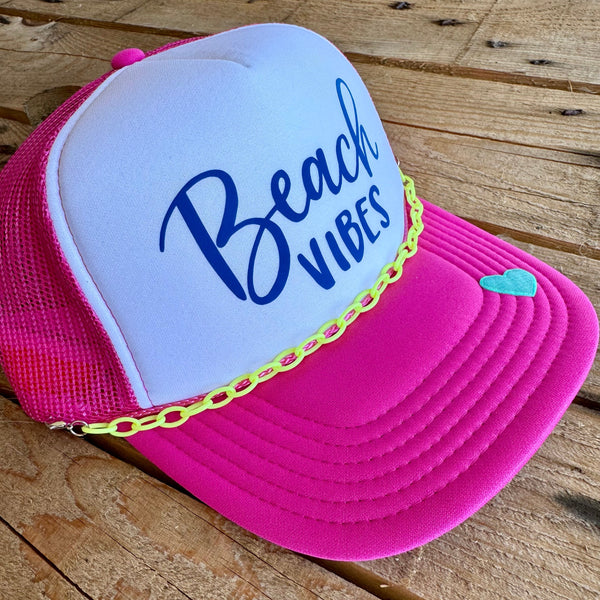 Beach Vibes Trucker Hat | Retro Pink & White Summer Cap with Patch & Detachable Chain - The Stenciled Barn