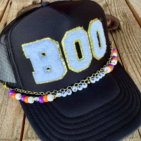 Boo Trucker Hat | Black Halloween Cap with Beaded Chain | Halloween Accessories - The Stenciled Barn