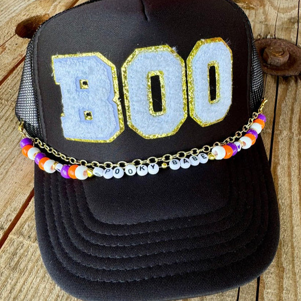 Boo Trucker Hat | Black Halloween Cap with Beaded Chain | Halloween Accessories - The Stenciled Barn
