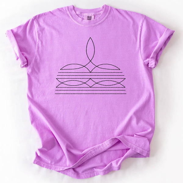 Purple t-shirt with a black geometric design on a white background