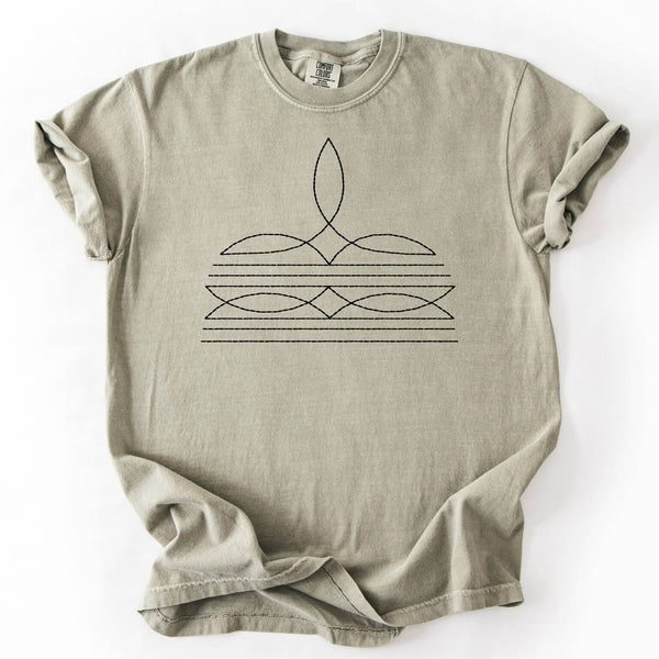 Beige t-shirt with a black geometric design on a white background