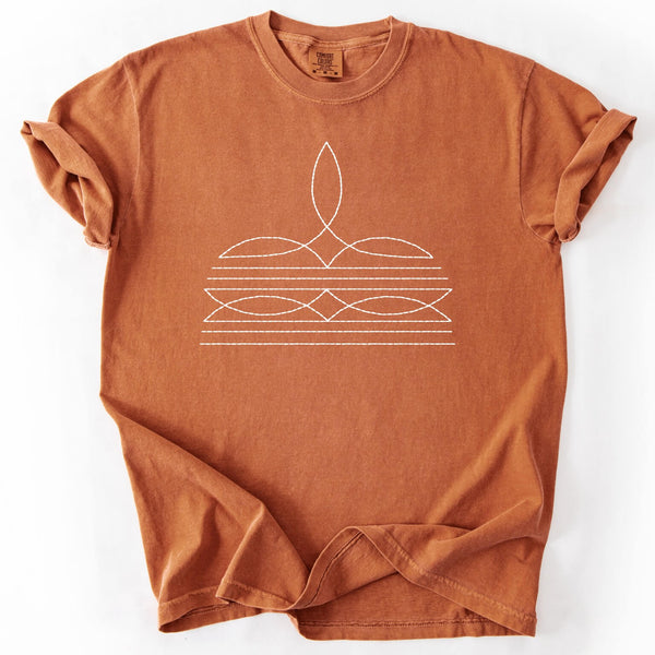 Brown t-shirt with a white geometric design on a white background