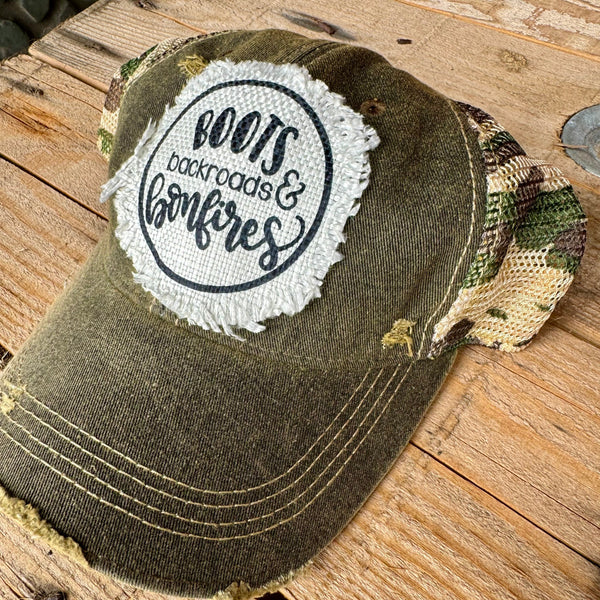 Boots Backroads Bonfires Hat | Distressed Fall Trucker Cap | Cozy Outdoor Vintage Style - The Stenciled Barn