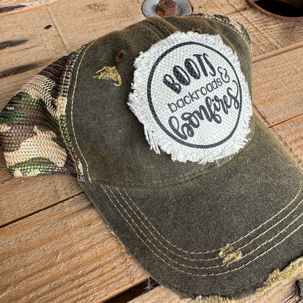 Boots Backroads Bonfires Hat | Distressed Fall Trucker Cap | Cozy Outdoor Vintage Style - The Stenciled Barn