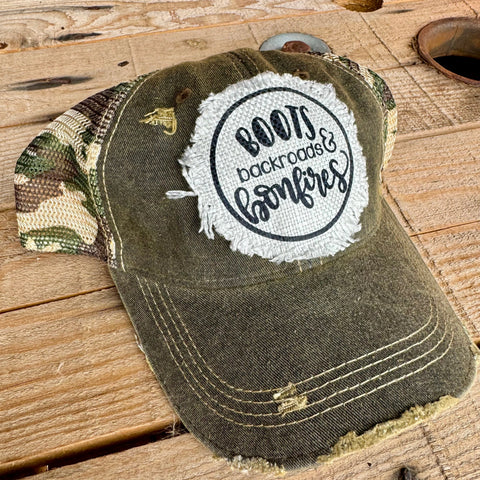 Boots Backroads Bonfires Hat | Distressed Fall Trucker Cap | Cozy Outdoor Vintage Style - The Stenciled Barn