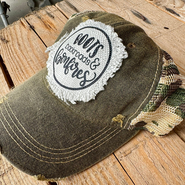 Boots Backroads Bonfires Hat | Distressed Fall Trucker Cap | Cozy Outdoor Vintage Style - The Stenciled Barn