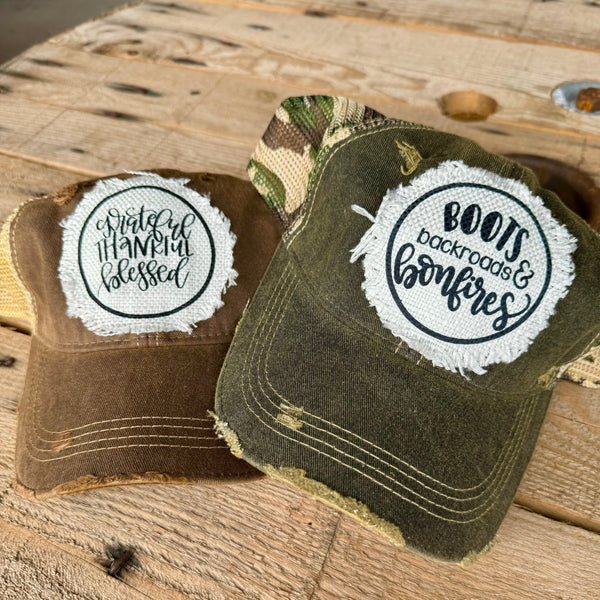 Boots Backroads Bonfires Hat | Distressed Fall Trucker Cap | Cozy Outdoor Vintage Style - The Stenciled Barn