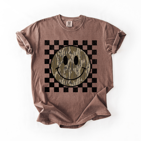 Camo Happy Face Checkered Graphic Tee | Comfort Colors Espresso - The Stenciled Barn