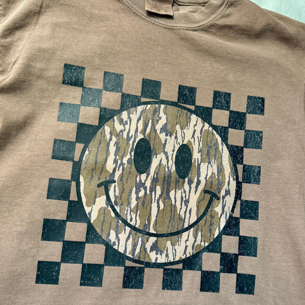 Camo Happy Face Checkered Graphic Tee | Comfort Colors Espresso - The Stenciled Barn