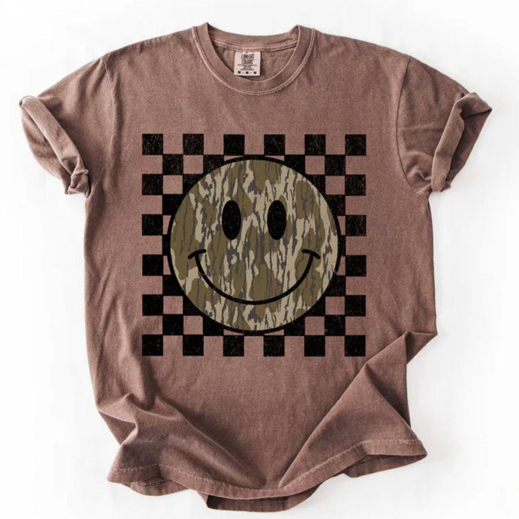 Camo Happy Face Checkered Graphic Tee | Comfort Colors Espresso - The Stenciled Barn