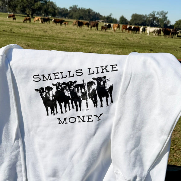 Smells Like Money Cattle Rancher Sweatshirt | Fleece Lined Winter Pullover - The Stenciled Barn