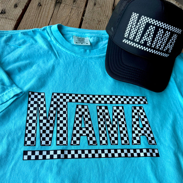 Checkered Mama Hat | Women’s Retro Racing Pattern Trucker Cap - The Stenciled Barn