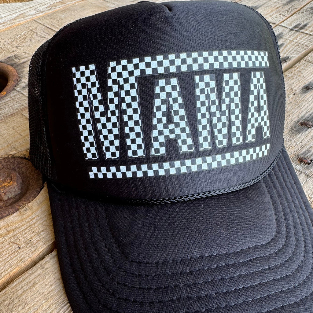 Checkered Mama Hat | Women’s Retro Racing Pattern Trucker Cap - The Stenciled Barn