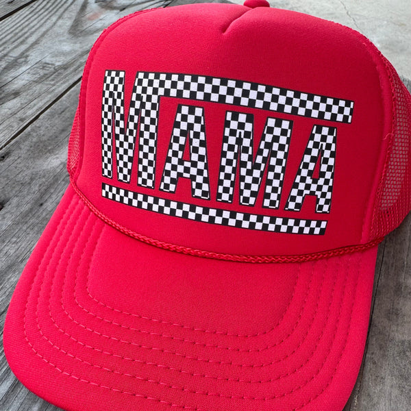 Checkered Mama Hat | Women’s Retro Racing Pattern Trucker Cap - The Stenciled Barn