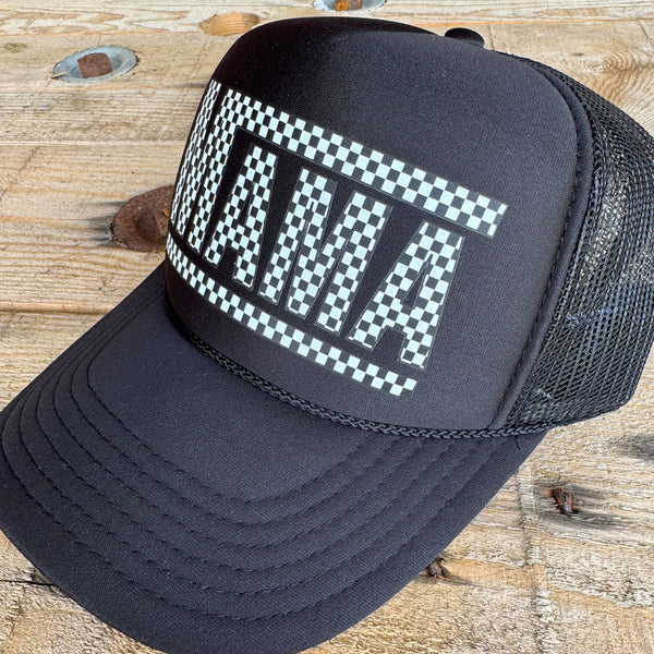 Checkered Mama Hat | Women’s Retro Racing Pattern Trucker Cap - The Stenciled Barn