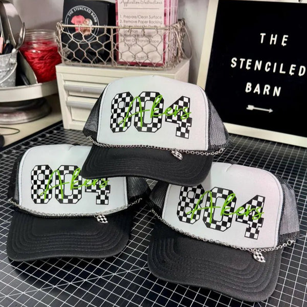 Checkered Race Number Trucker Hat | Personalized with Last Name & Heart Chain - The Stenciled Barn