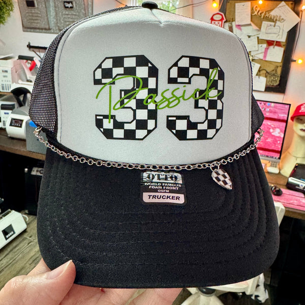 Checkered Race Number Trucker Hat | Personalized with Last Name & Heart Chain - The Stenciled Barn