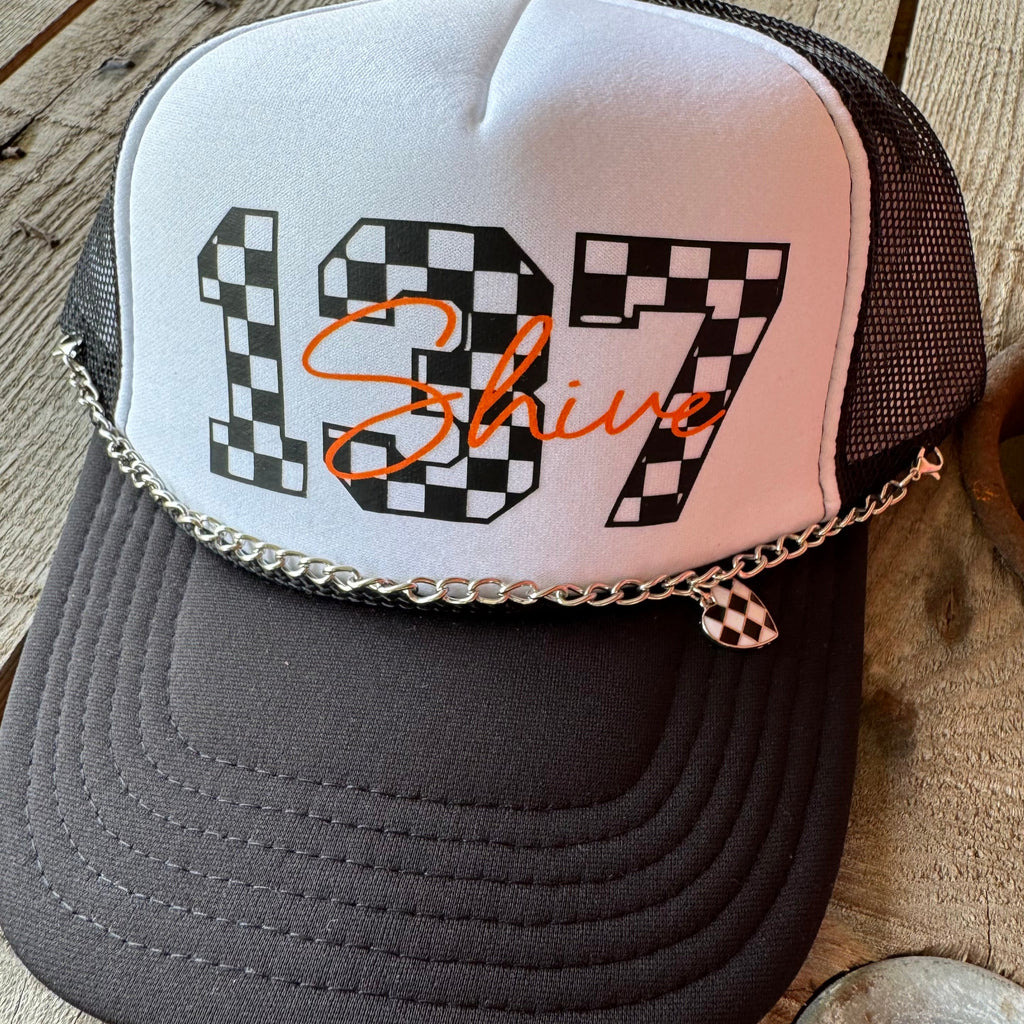 Checkered Race Number Trucker Hat | Personalized with Last Name & Heart Chain - The Stenciled Barn