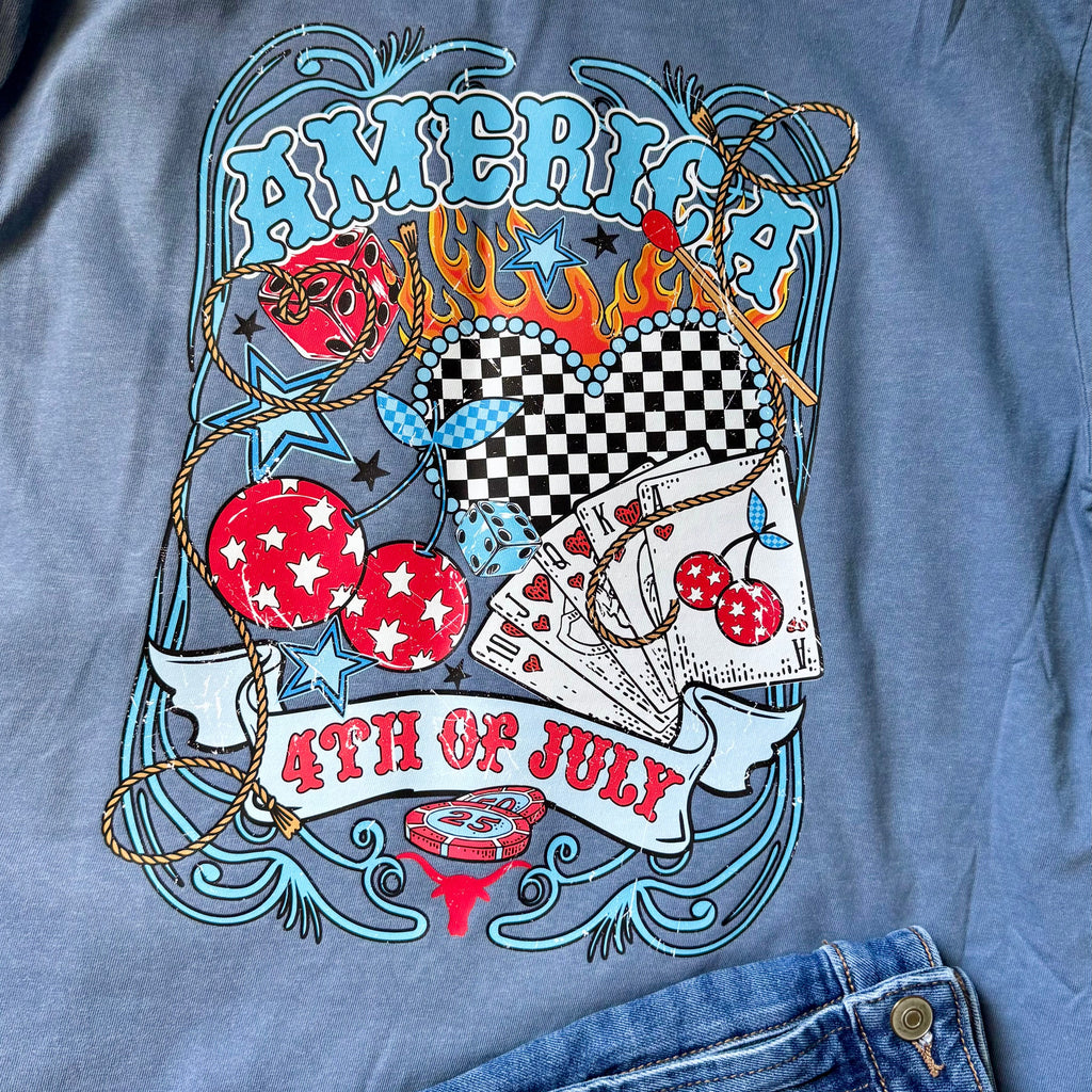 Cherry Checkered Fourth of July Graphic Tee | Comfort Colors Blue Jean - The Stenciled Barn