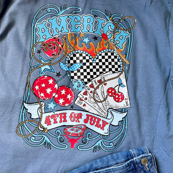 Cherry Checkered Fourth of July Graphic Tee | Comfort Colors Blue Jean - The Stenciled Barn
