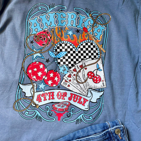 Cherry Checkered Fourth of July Graphic Tee | Comfort Colors Blue Jean - The Stenciled Barn