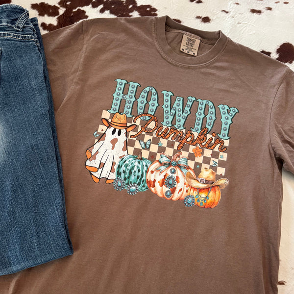 Howdy Pumpkin Graphic Tee | Cow Print Ghost & Turquoise Pumpkins | Fall Shirt - The Stenciled Barn