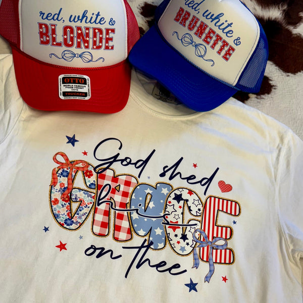 Red White & Brunette Trucker Hat – Coquette 4th of July Foam Cap (Otto Brand) - The Stenciled Barn