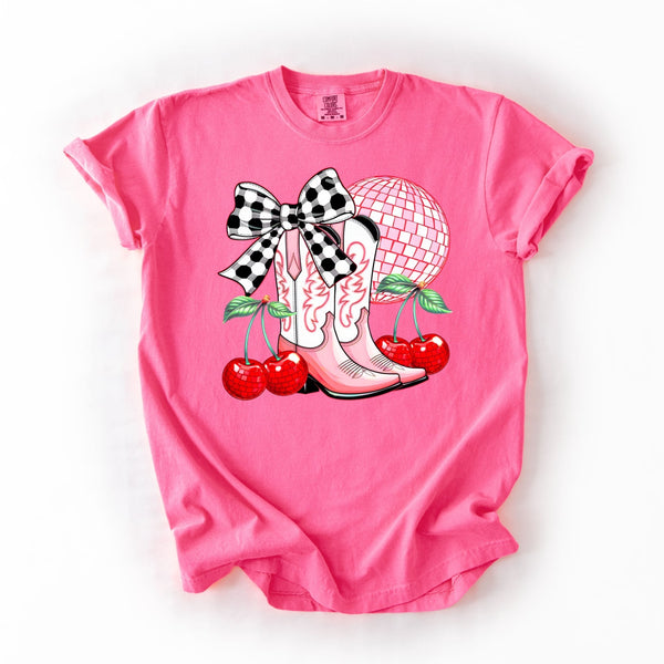 Disco Cowgirl Punchy Graphic T-shirt | Neon Pink Comfort Colors - The Stenciled Barn