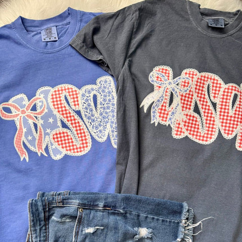 Coquette Gingham USA Patriotic T-shirt | Denim Blue Comfort Colors Tee - The Stenciled Barn