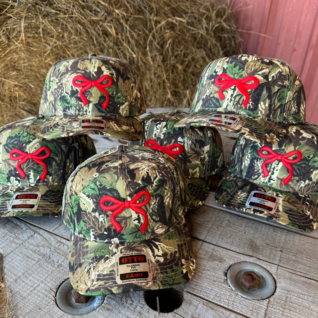Coquette Red Bow Camo Trucker Hat | Country Girl Fashion | Adjustable Velcro Back - The Stenciled Barn