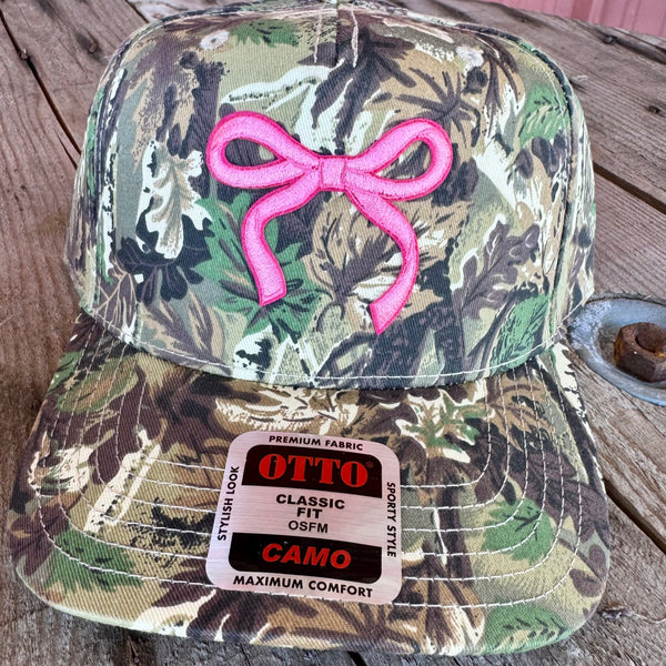 Coquette Red Bow Camo Trucker Hat | Country Girl Fashion | Adjustable Velcro Back - The Stenciled Barn