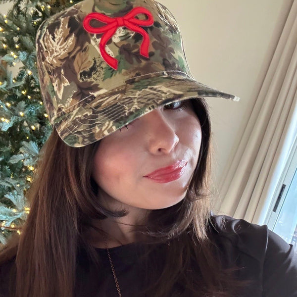Coquette Red Bow Camo Trucker Hat | Country Girl Fashion | Adjustable Velcro Back - The Stenciled Barn