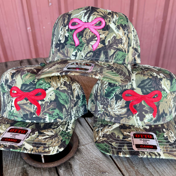 Coquette Red Bow Camo Trucker Hat | Country Girl Fashion | Adjustable Velcro Back - The Stenciled Barn