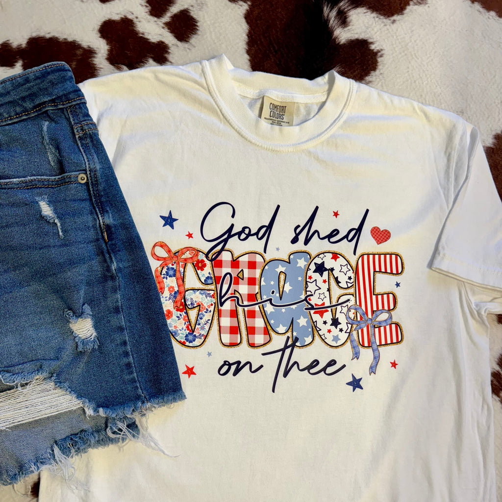 God Shed His Grace On Thee Tee | Coquette Patriotic Shirt | Comfort Colors White - The Stenciled Barn