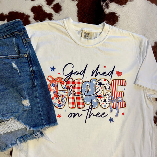 God Shed His Grace On Thee Tee | Coquette Patriotic Shirt | Comfort Colors White - The Stenciled Barn