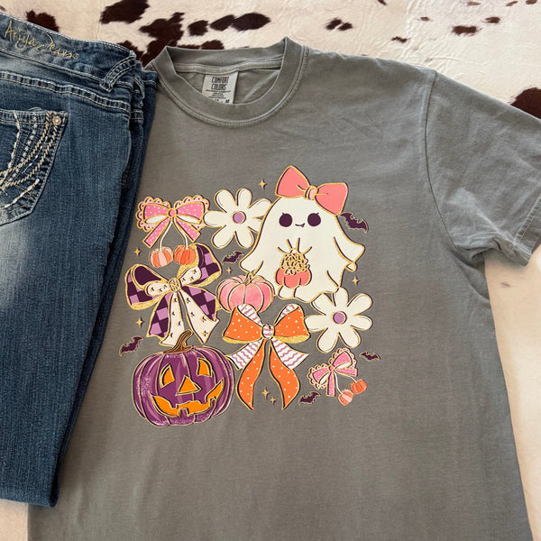 Girly Coquette Ghost Graphic Tee | Fall Shirt with Pink Ribbons, Daisies & Bats | Comfort Colors Gray - The Stenciled Barn