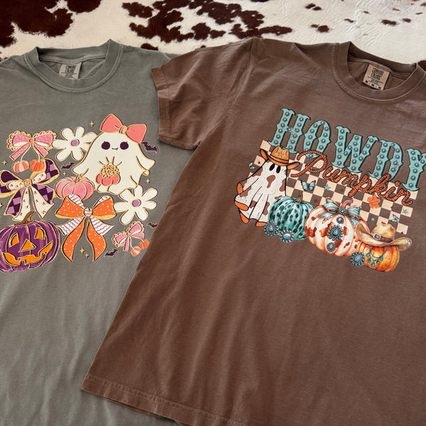 Howdy Pumpkin Graphic Tee | Cow Print Ghost & Turquoise Pumpkins | Fall Shirt - The Stenciled Barn