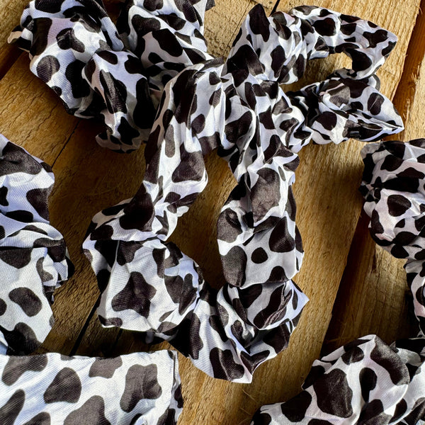 Cow Print Hair Scrunchie – Black & White Holstein Ponytail Tie | Southern Style Accessory - The Stenciled Barn