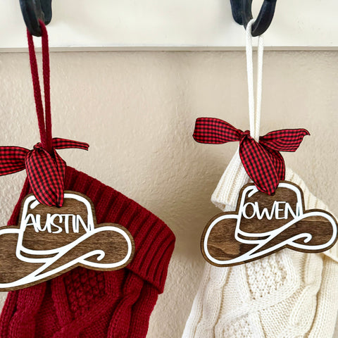 Personalized Cowboy Hat Ornament | Rustic Wooden Name Tag for Christmas Stockings & Holiday Decor - The Stenciled Barn