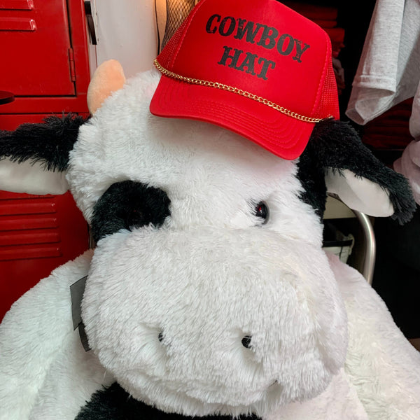 Cowboy Trucker Hat with Chain | Retro Western Style Red Snapback Cap - The Stenciled Barn