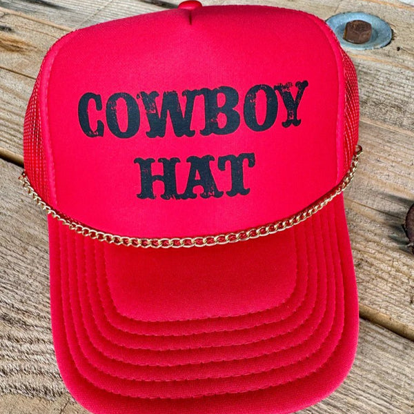 Cowboy Trucker Hat with Chain | Retro Western Style Red Snapback Cap - The Stenciled Barn