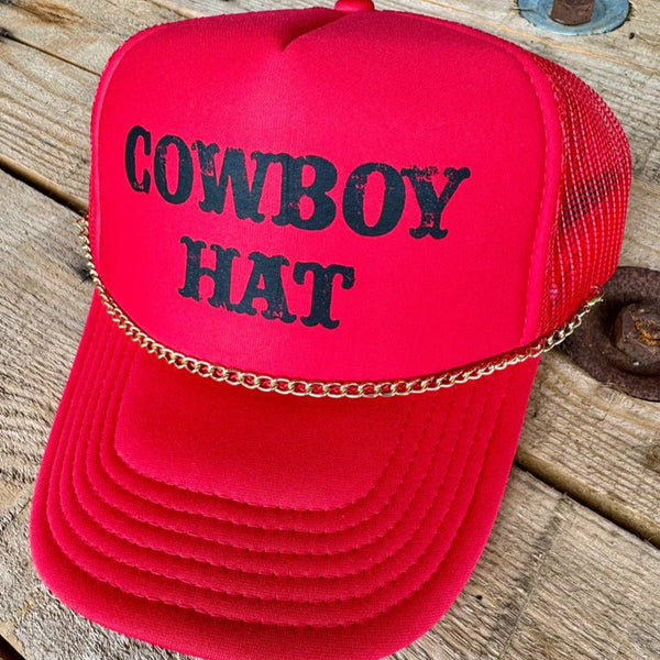 Cowboy Trucker Hat with Chain | Retro Western Style Red Snapback Cap - The Stenciled Barn